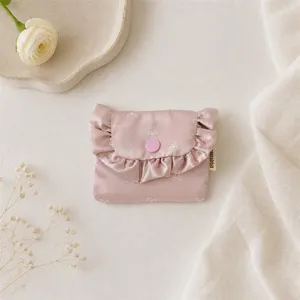 Korean satin ruffled coin purse with cute bow print and snap closure for daily use.