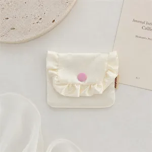 Korean satin ruffled coin purse mini card holder cute bow print portable earphone bag
