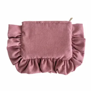 Solid color corduroy ruffle cosmetic bag portable large capacity travel storage pouch