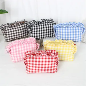 Koreanischer Karomuster Rüschen Kosmetiktasche große Kapazität tragbare Make-up Tasche