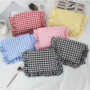 Ins Ruitjes Ruffle Cosmetische Tas Grote Capaciteit Meisjes Clutch Eenvoudige Draagbare Toilettas Polyester Ruitjes Wastas