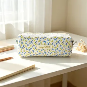 Korean floral lace pencil pouch, cute canvas stationery bag and portable makeup organizer.