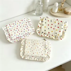 Cute ruffled floral cosmetic bag for women, fresh canvas makeup storage pouch daily use