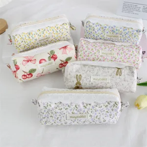 Korean floral lace pencil case, large capacity cloth stationery pouch, cute makeup bag.