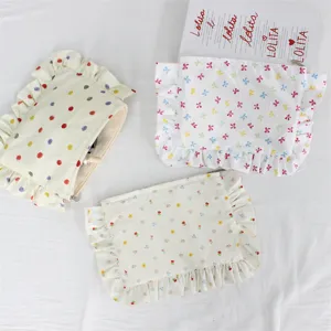 Cute floral and polka dot ruffle cosmetic pouch set, sweet style portable makeup storage bag.