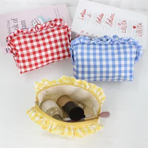 Koreanischer Stil Karomuster Rüschen Kosmetiktasche große Kapazität Make-up Aufbewahrung