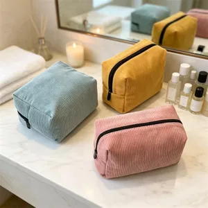 Corduroy cosmetic bag detail, large capacity portable travel toiletry organizer for women.