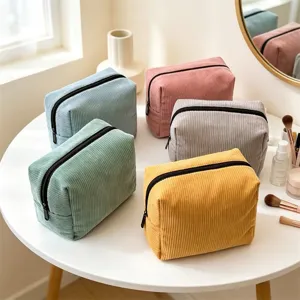 Solid color corduroy cosmetic bag large capacity portable travel makeup storage pouch