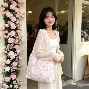 Korean style pink plaid cartoon print tote bag, casual large capacity shoulder bag detail.