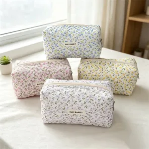 Korean Style Fresh Quilted Floral Pencil Case Large Capacity Portable Fabric Makeup Bag Printed Flower Stationery Pouch For Student