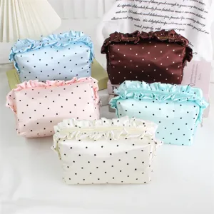 Französische Pünktchen Satin Kosmetiktasche große Kapazität Rüschen Make-up Aufbewahrung