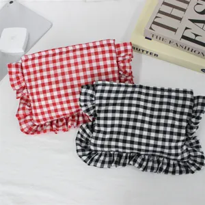 Gingham geruite cosmetische tas met volants, schattig make-up etui, draagbare reistas tas.