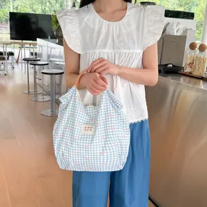 Sac cabas à carreaux bleus style coréen pour l'été, grand sac shopping fourre-tout femme.