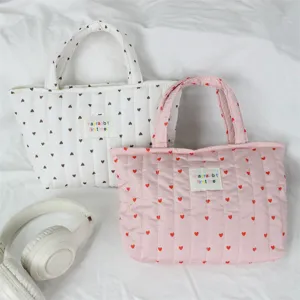 Koreaanse Stijl Gewatteerde Hart Handtas Grote Capaciteit Lunchbox Tas Draagbare Cosmeticatas Gewatteerde Stof Handtas