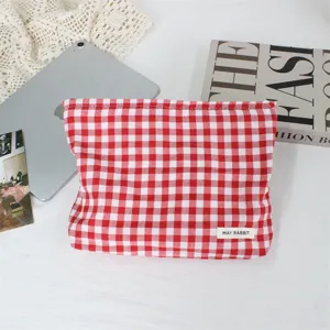 Neceser de maquillaje a cuadros rojo y blanco bolsa cosmética de tela organizador