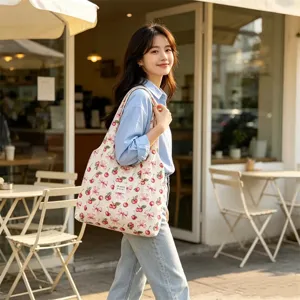 Korean style canvas shoulder bag large capacity cherry bow print student tote bag pack