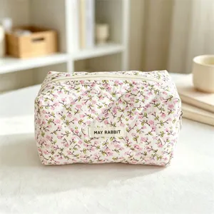 Quilted floral cosmetic bag, cute pink makeup pouch, large capacity travel storage bag.