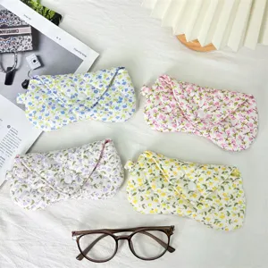 Korean style fresh quilted floral glasses case portable cute storage bag with snap button closure