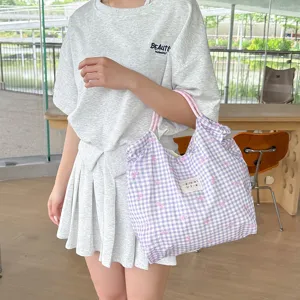 Sac cabas à cordon à carreaux grande capacité d'été style coréen, élégant sac d'épaule femme.