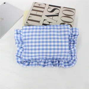 Blauw-witte ruitjes volant cosmetische tas, schattige draagbare toilettas etui voor dames.