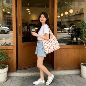Korean style cute cherry bow print canvas tote bag, large capacity casual shoulder bag for women.