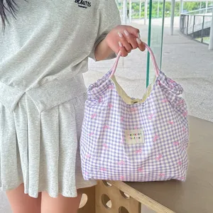 Sac cabas à carreaux vichy violet style coréen avec nœuds roses, grand sac décontracté.