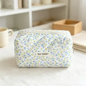 Quilted floral cosmetic bag, portable makeup storage pouch and cute large capacity pencil case.