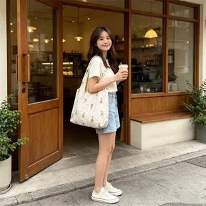 Korean style cartoon printed canvas tote bag, large capacity shoulder bag for students.