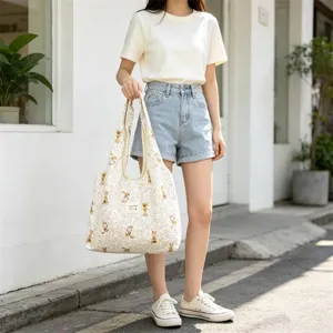 Korean style cute cartoon print canvas tote bag, large capacity shoulder bag for daily commuting.