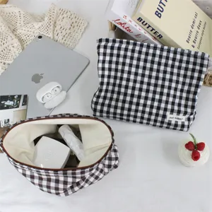 Bolsa de maquillaje a cuadros en blanco y negro neceser de viaje portátil organizador de tela