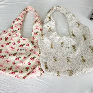 Korean cute print canvas tote bag, large capacity casual shoulder bag for daily commute school.