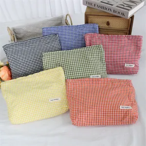 Borsa cosmetica a quadri in stile coreano, custodia per trucco da viaggio portatile.