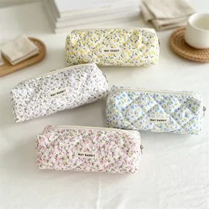 Quilted floral pencil case detail view, large capacity canvas stationery storage pouch bag.