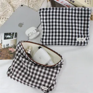 Bolsa de maquillaje a cuadros negros y blancos neceser de lona portátil organizador