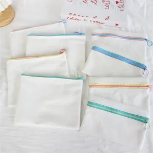 Plain White Canvas Pencil Case DIY Blank Zipper Pouch Minimalist Portable Coin Purse Stationery Storage Bag For School Office
