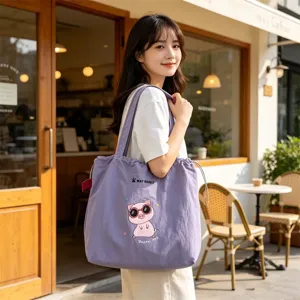 Bolso tote de lona morado con lindo bordado de cerdito, gran bolso de hombro con cordón.