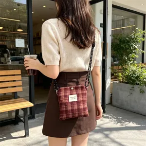 Retro plaid wool small crossbody bag, minimalist mini phone pouch for daily casual outings.