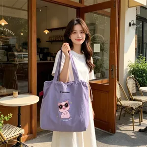 Bolso tote de lona con cordón y bordado de cerdito de dibujos animados, bolso de hombro de gran capacidad.