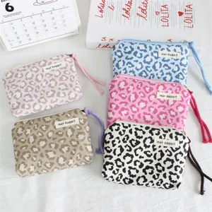 Leopard Print Zipper Coin Purse Portable Ins Style Mini Wallet With Hand Strap Polyester Fabric Small Storage Pouch For Women