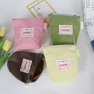 Details of cute mini nylon plaid zipper pouches in four colors, compact portable storage bag.