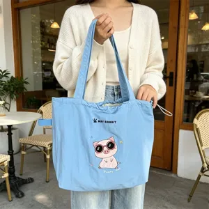 Bolso tote de lona bordado de cerdito de dibujos animados, bolso de hombro de gran capacidad.