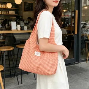 Orange Gingham Canvas Tote Bag Casual Large Capacity Daily Commuter Shoulder Bag