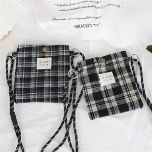 Vintage black and white plaid mini crossbody phone bag with shoulder strap for women