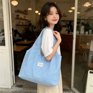 Blue plaid canvas tote bag, casual large capacity shoulder bag, sweet daily commute handbag.