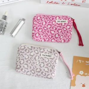 Leopard print canvas zipper coin purse portable cute mini storage pouch for cards