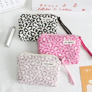 Leopard print canvas zipper coin pouch, portable multi-functional storage bag for daily use.