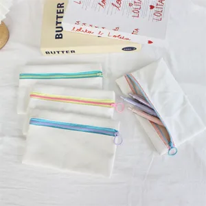 Simple white canvas pencil case with colorful zipper portable DIY cosmetic storage bag
