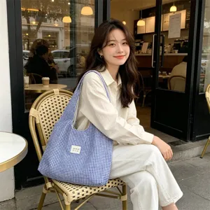 Blue gingham shoulder tote bag, casual large capacity daily commuting bag sweet style.