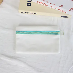 Simple white canvas pencil case with turquoise zipper, portable minimalist zipper storage bag.