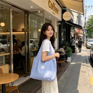 Blue and white plaid canvas tote bag, casual large capacity shoulder bag for daily commute.